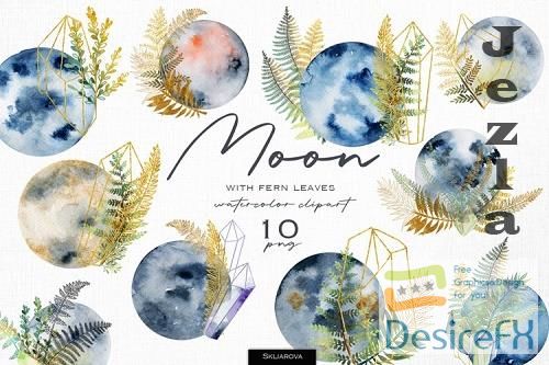 Watercolor moon with fern leaves - 1163314
