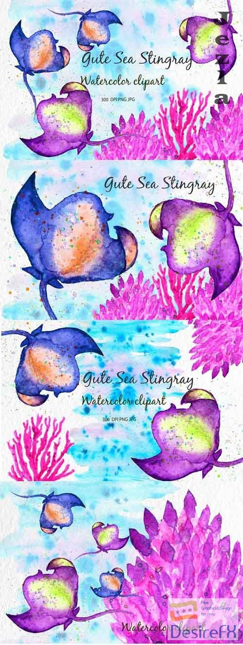 Watercolor Ocean Sea animals stingray digital clipart Sea - 1175383
