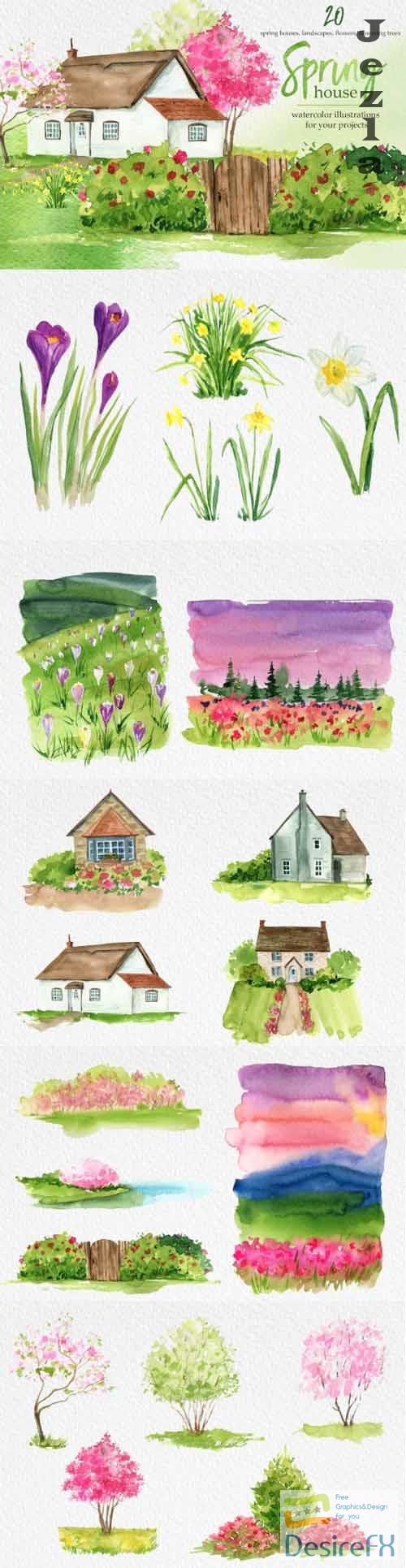 Watercolor Spring House Clipart