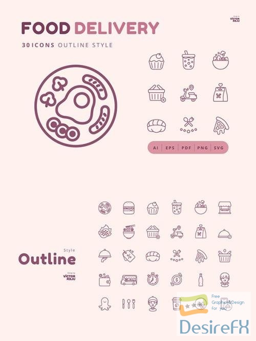30 Icons Food Delivery Outline Style