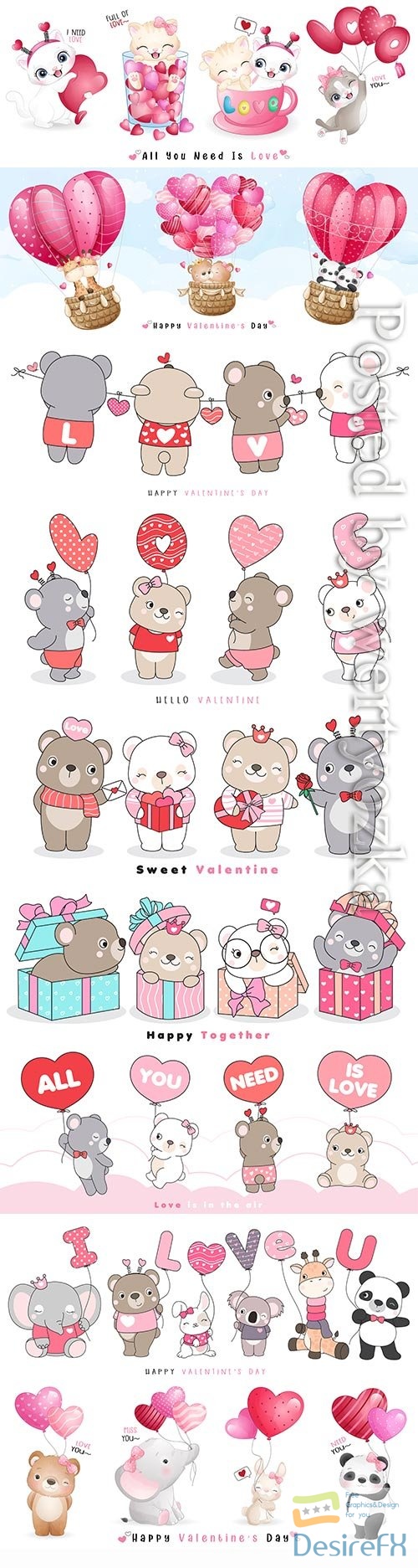 Cute funny doodle animals for valentine's day illustration