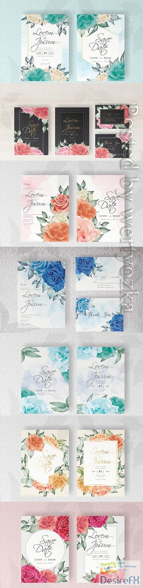 Elegant wedding invitation card template with hand painted floral and leaves