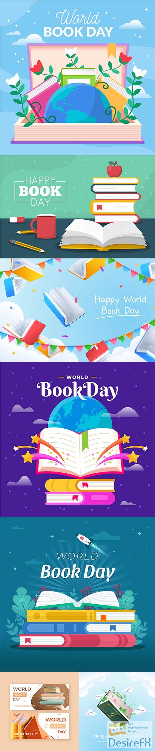 Flat world book day illustrations set