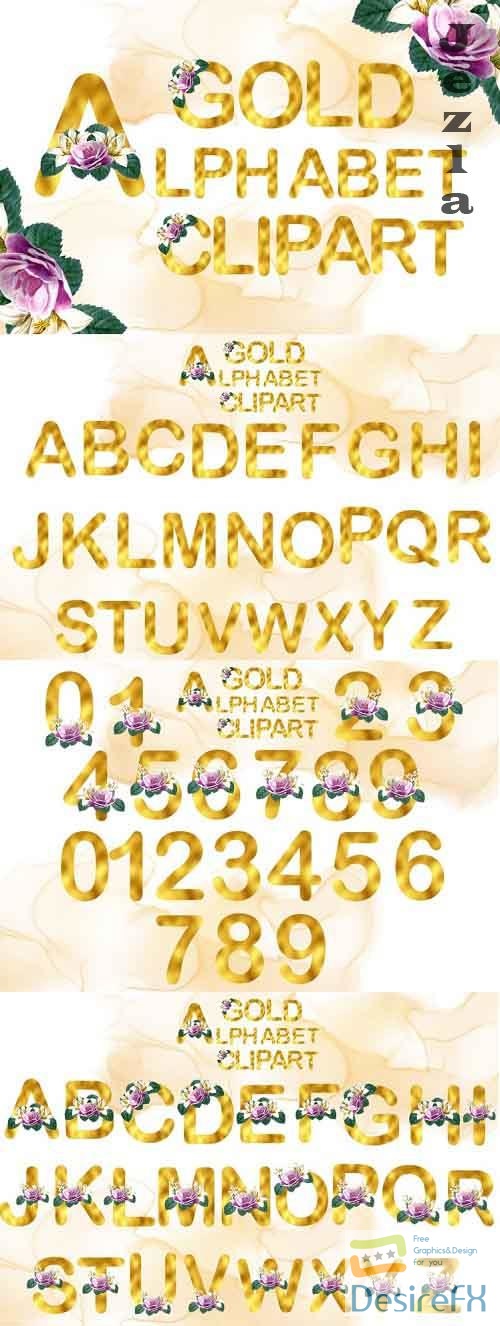 Gold Watercolor Rose Alphabet Clipart - 1176398