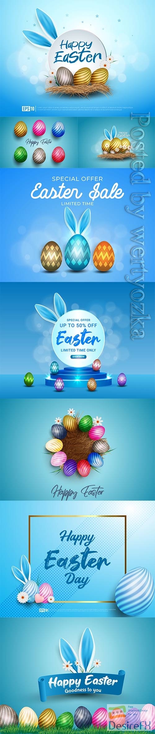 Happy easter background realistic decorated bunny ears and easter eggs