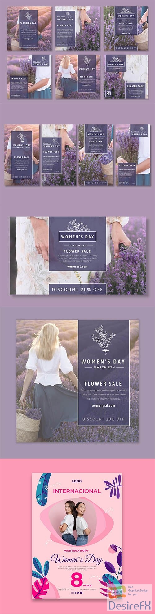 International women day poster and social template set