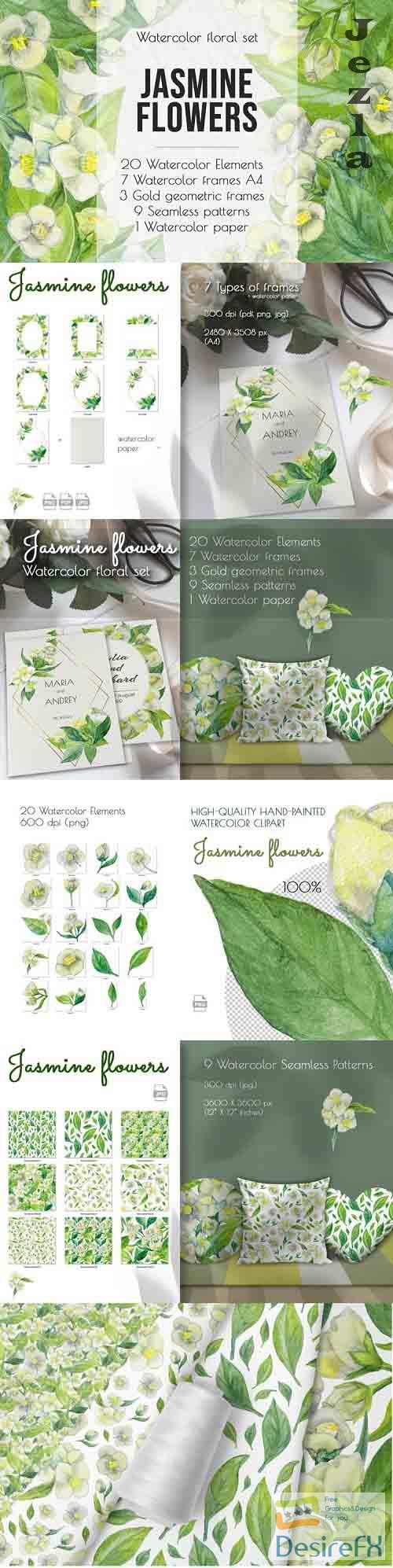 Jasmine flowers and leaves. Watercolor clip art - 864260