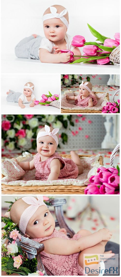Little girl with tulips stock photo