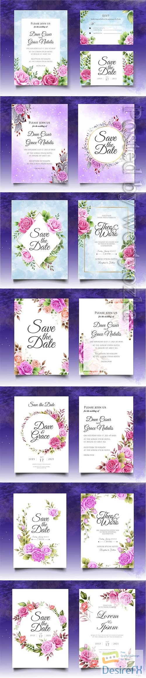 Luxury floral wedding invitation vector template