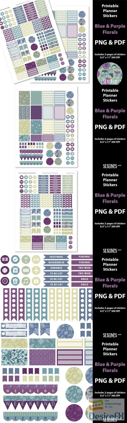 Printable Planner Stickers - Blue &amp; Purple Florals