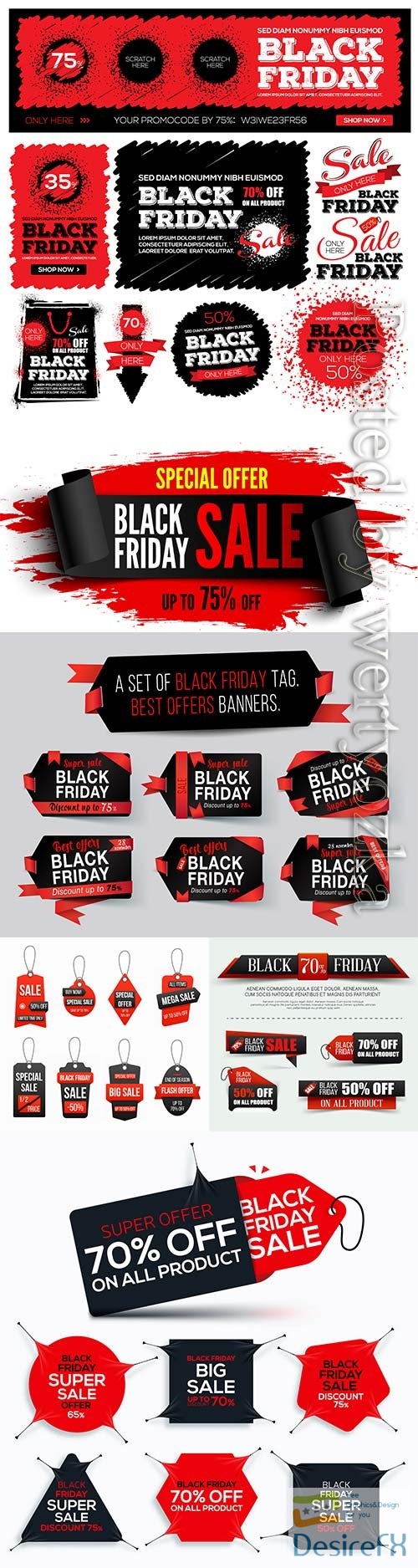 Set black friday tag with red ribbon