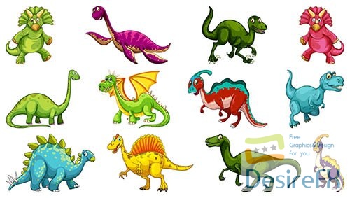 Set of different dinosaur cartoon character isolated