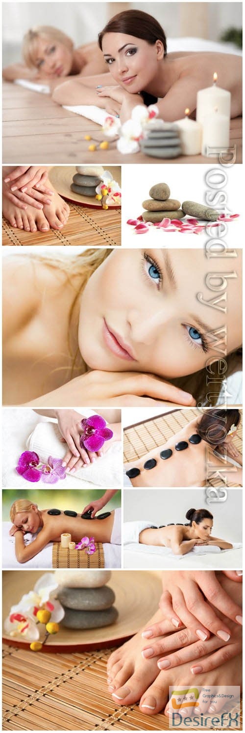 Spa stone massage, women in spa salon stock photo