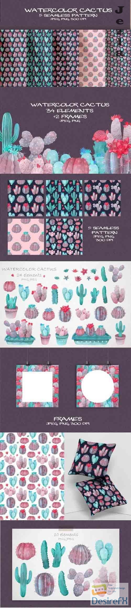 Violet Watercolor Cactus Clipart and Seamless Pattern