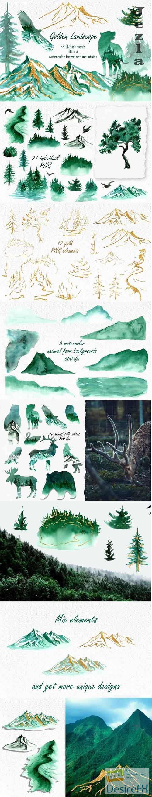 Watercolor landscape clipart, Forest animal silhouettes PNG - 1176802