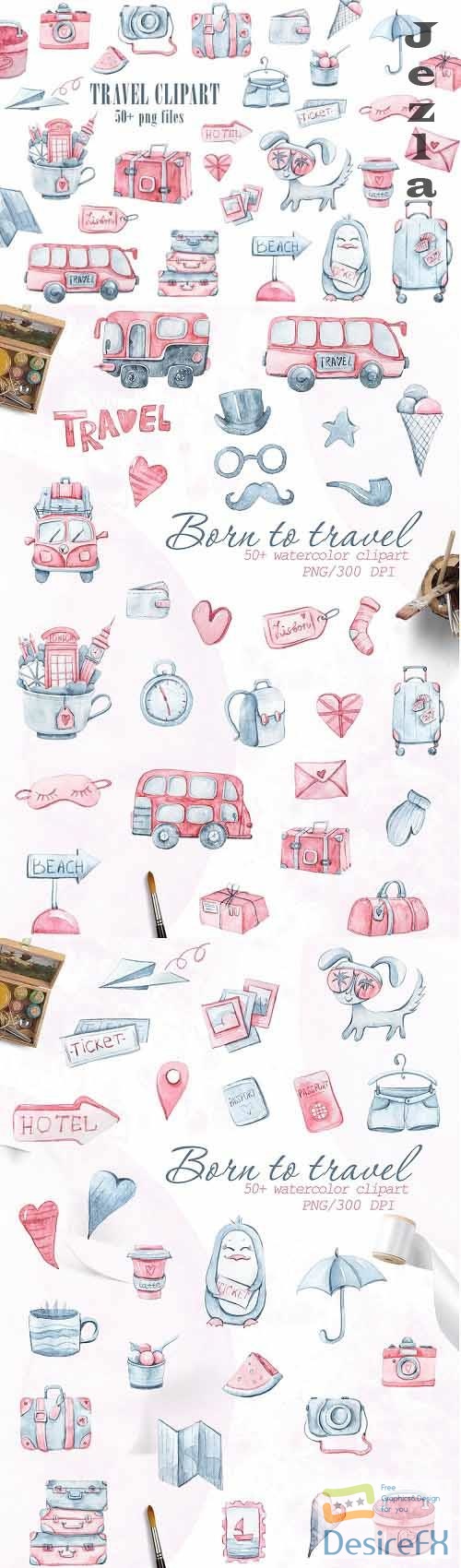 Watercolor travel clipart. Bags, cameras, tickets png files - 1179218