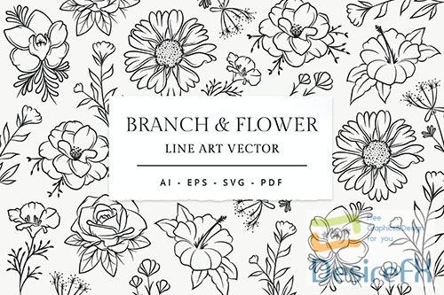 Branch &amp; Flower Line Art Illustration