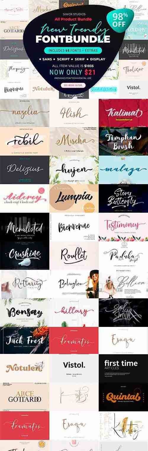 CreativeMarket - New Trendy Fonts Bundle + Extras 5956597 (Full Collection)