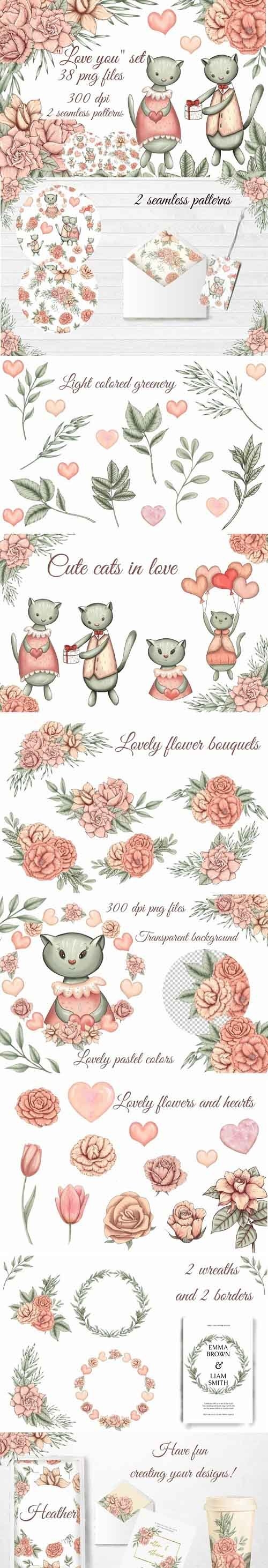 cute love cats clipart, pink flowers png, floral bouquets - 1182449