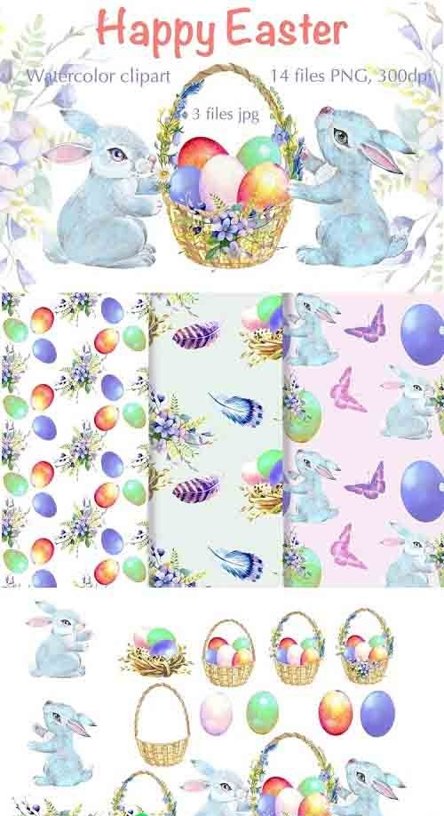 Easter watercolor clipart, easter cute bunny - 1261929