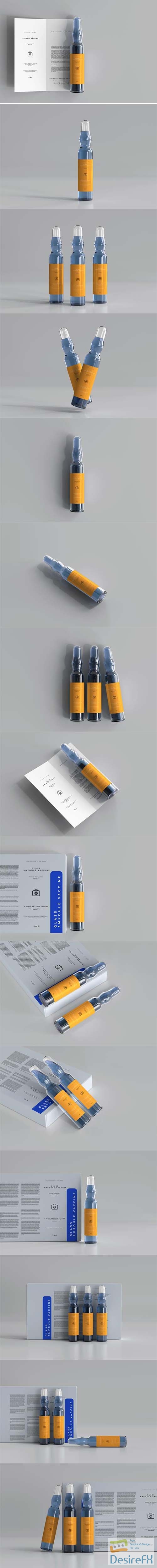 Glass ampoule vaccine with bi-fold brochure and box mockup