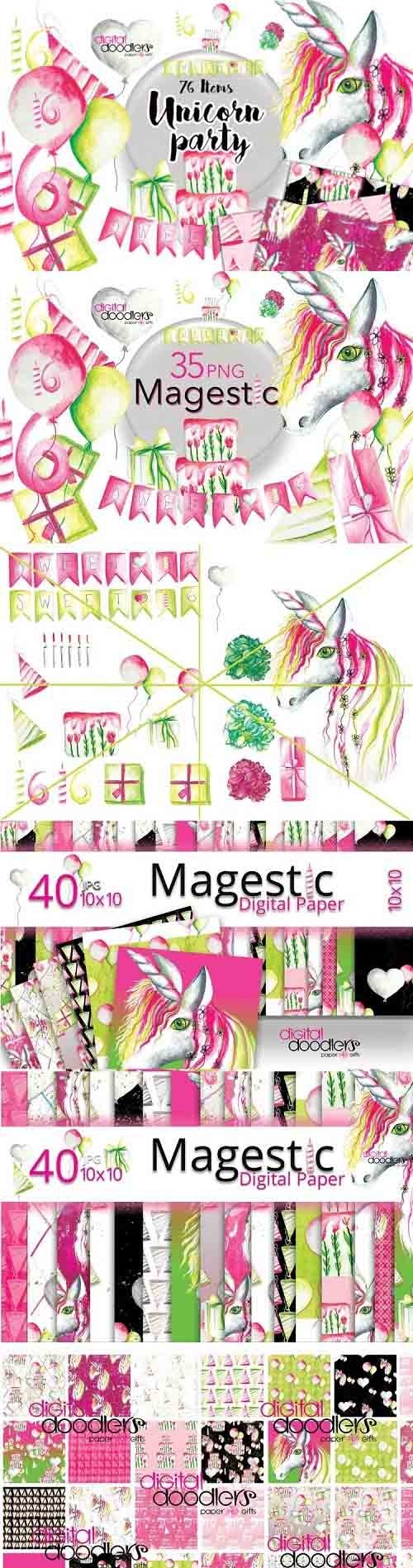 Magestic Unicorn Graphic Set -  Party Clipart and Digital Paper