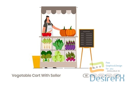 Vegetables Cart With Seller Vector Illustration