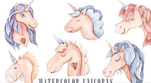 Watercolor cute unicorn clipart set- png files - 1272182