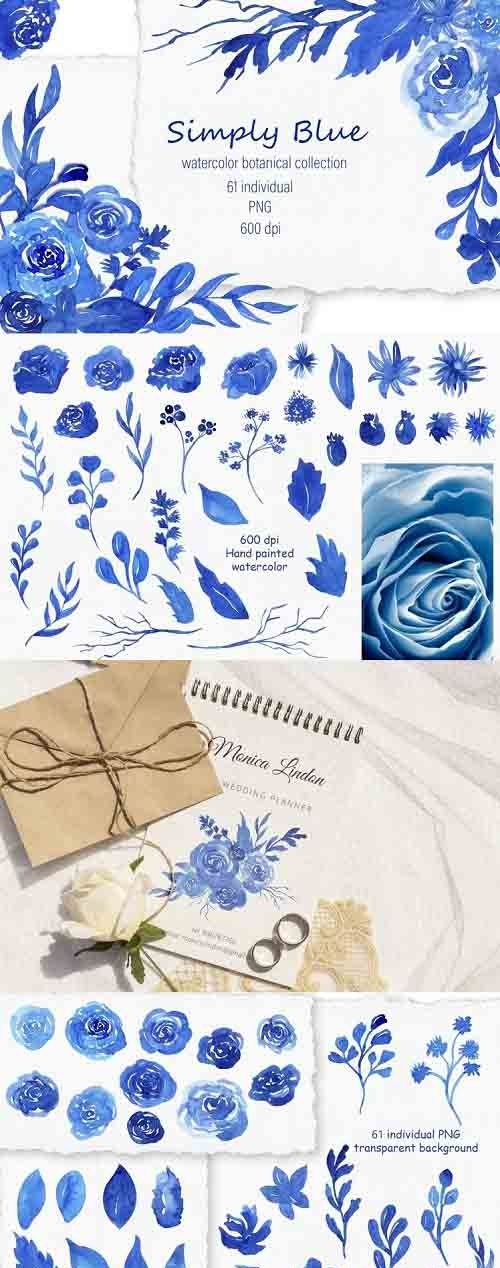 Watercolor flower clipart , Blue Floral PNG - 1261388