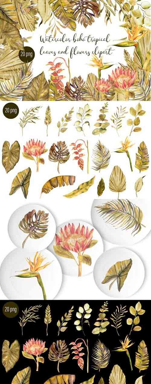 Watercolor tropical boho floral clipart. Flowers and leaves - 1285040