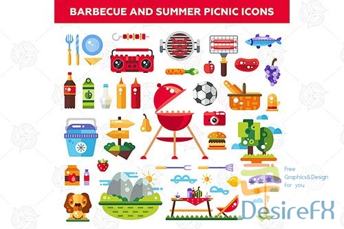 Barbecue and summer picnic - flat design icons