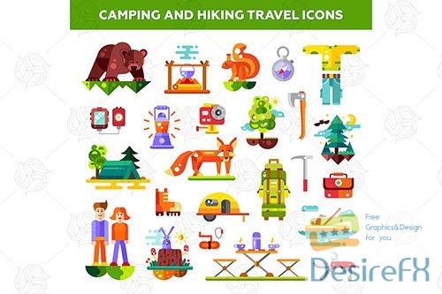 Camping and hiking travel icons