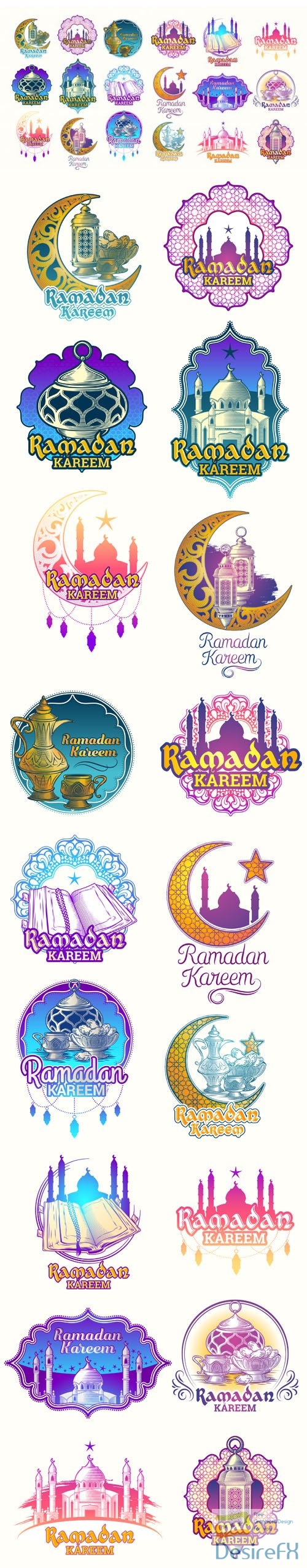 Colorful Islamic Ramadan Kareem Illustrations Badges Vector Templates
