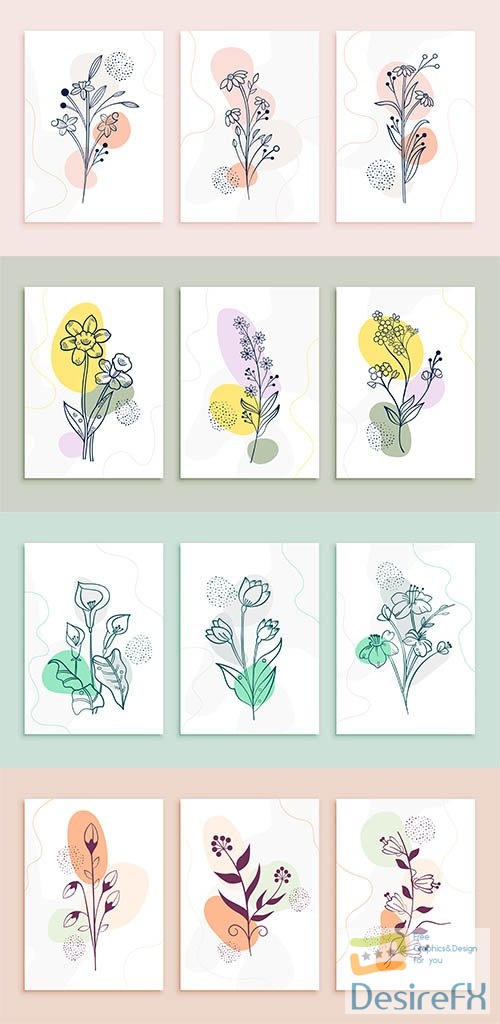 Flower line drawing posters set minimal botanic art