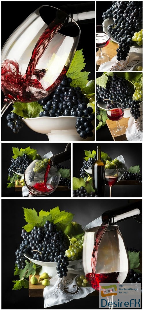 Glasses with wine, grapes stock photo