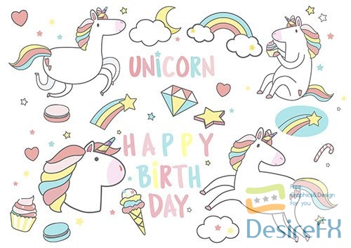 Happy Birthday unicorn with magic elements card vector
