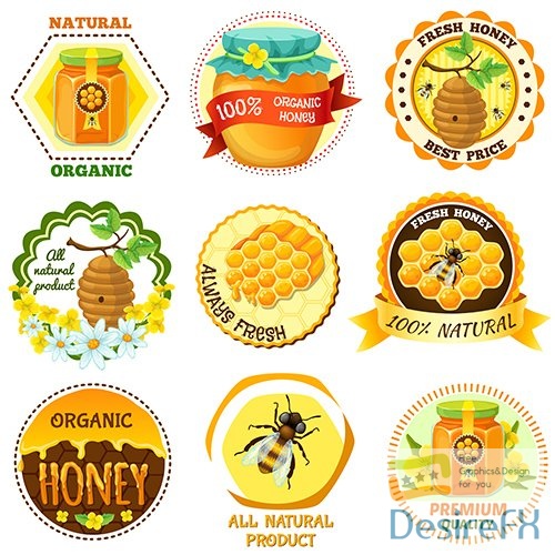 Honey emblem set with descriptions natural organic fresh honey vector illustration