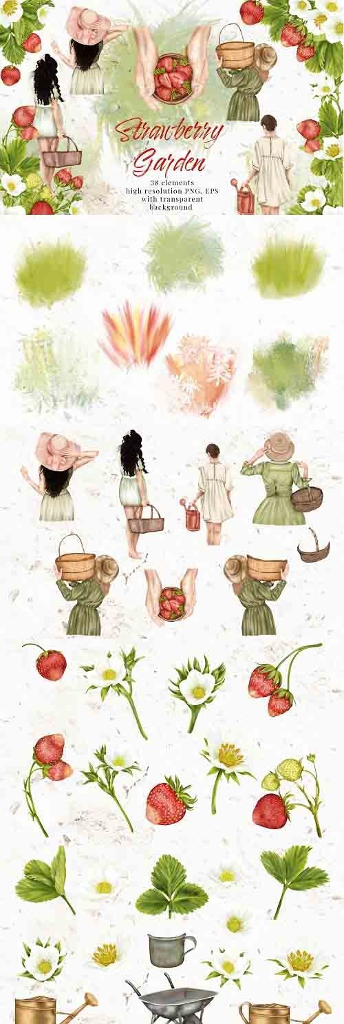 Summer Strawberry Clipart Girl Garden Cottage Flower Leaves - 1312624