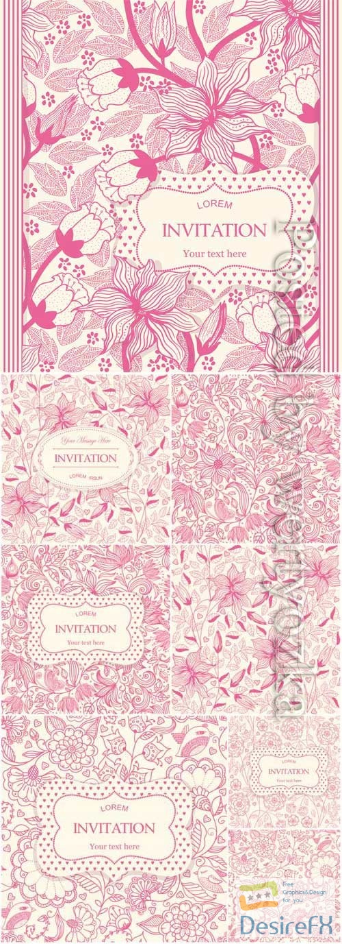 Backgrounds with pink patterns and flowers in vector