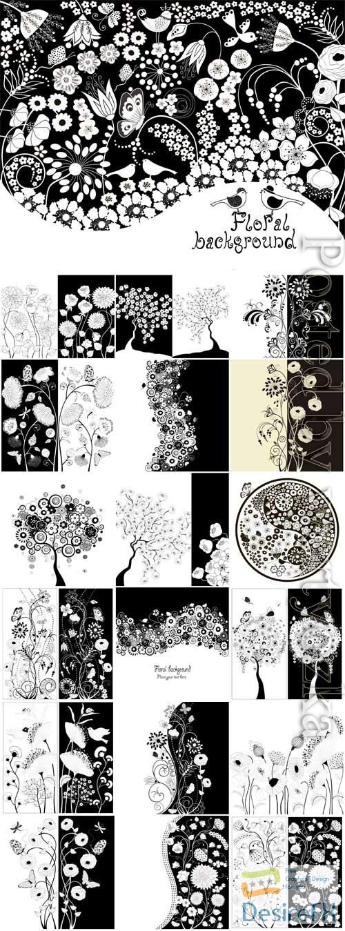 Flowers and birds in black and white style in vector