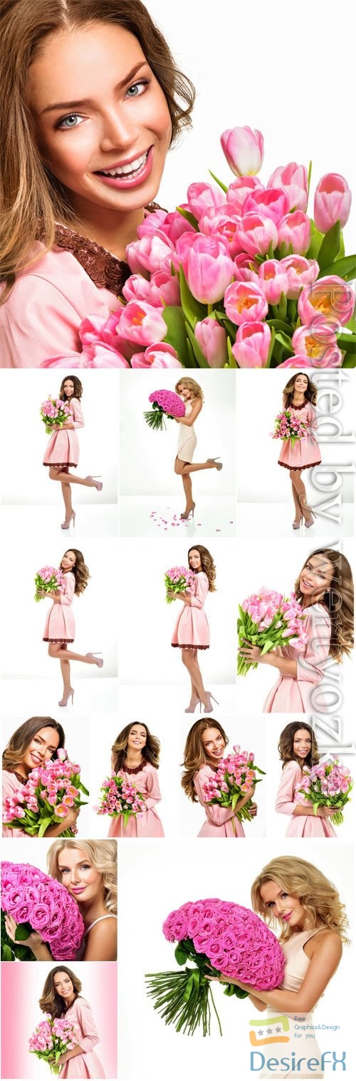 Girl with luxurious bouquet of flowers stock photo