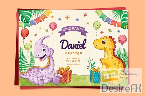 Hand painted watercolor dinosaur birthday invitation