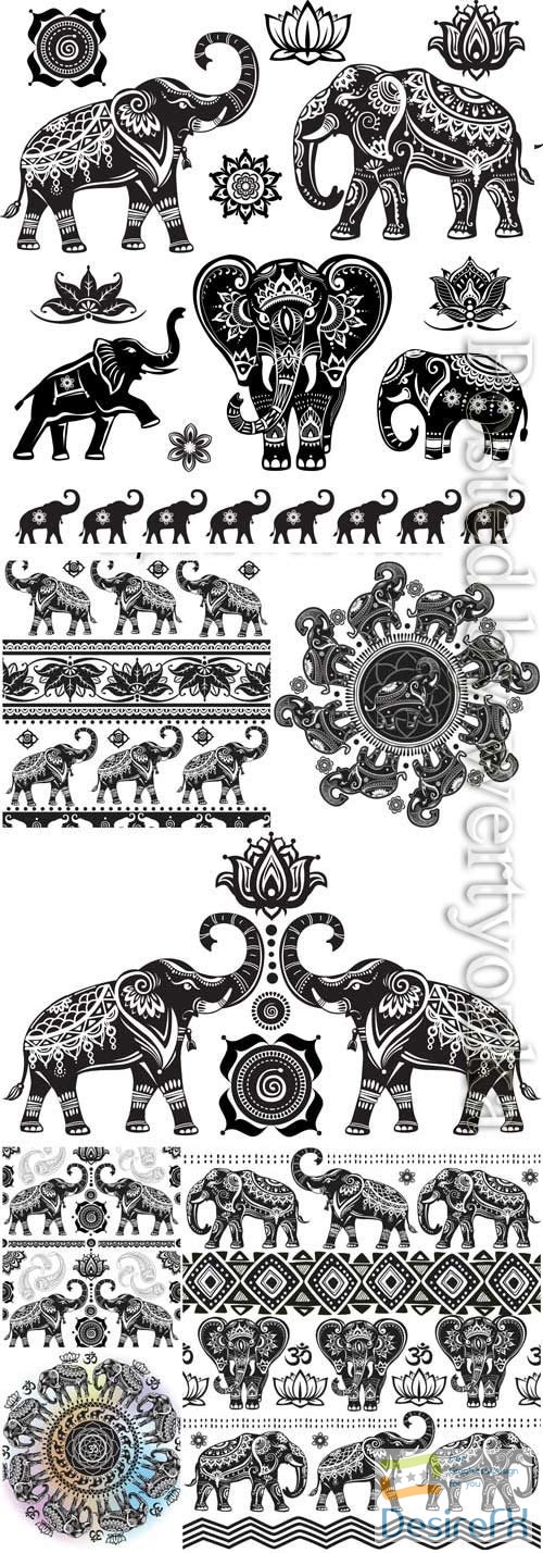 Indian patterns and elephants in vector