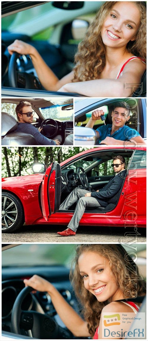 Men and women driving a car stock photo