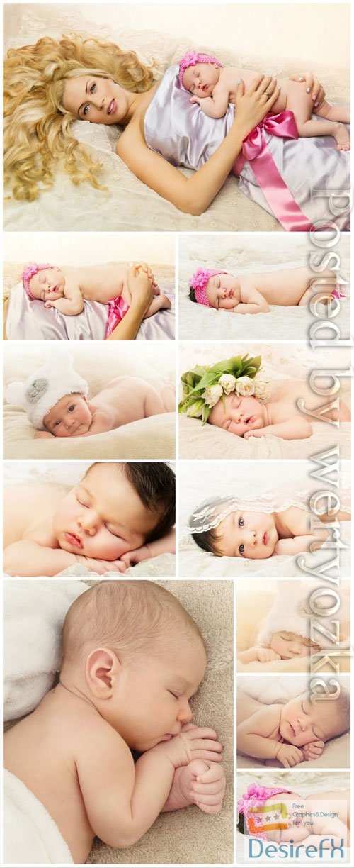Mom and sleeping babies stock photo