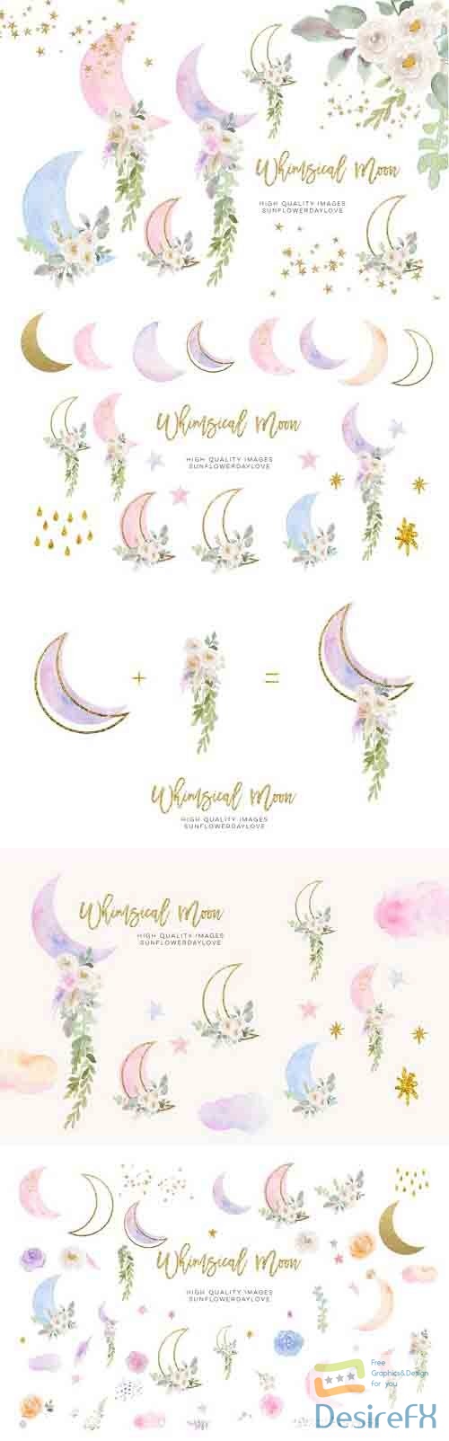 Moon Clouds Stars clipart, Greenery Gold Glitter Whimsical - 1243212