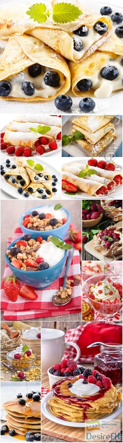 Pancakes with fruits and berries, healthy breakfast stock photo