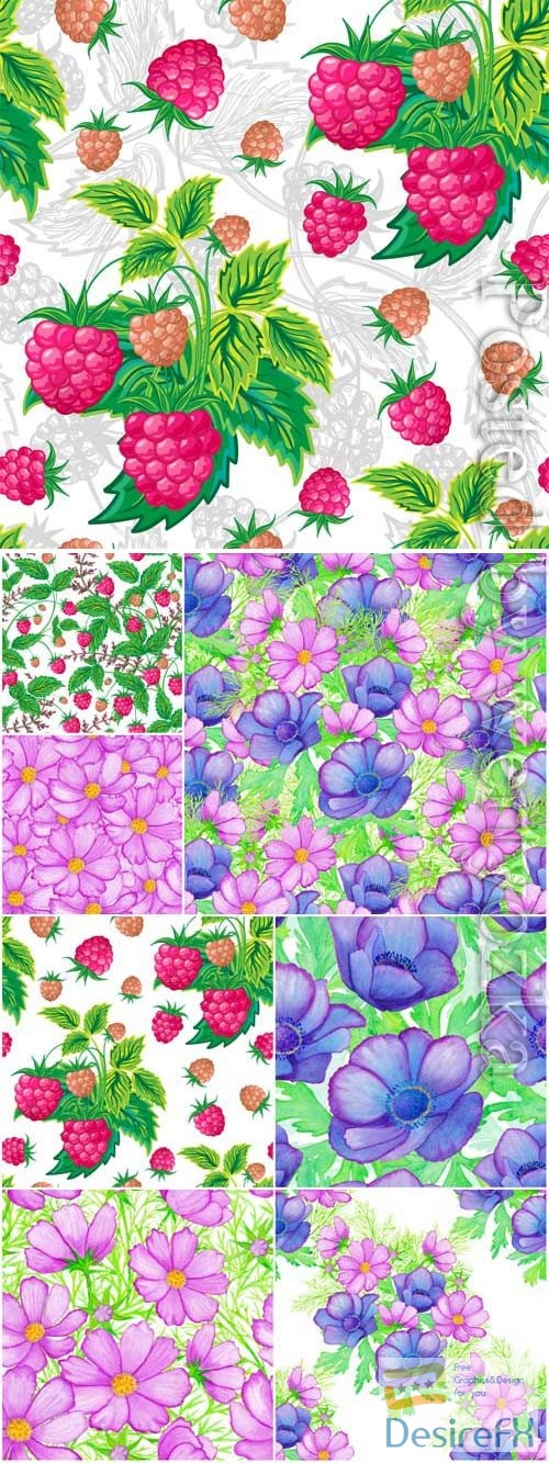 Seamless backgrounds with berries and flowers in vector