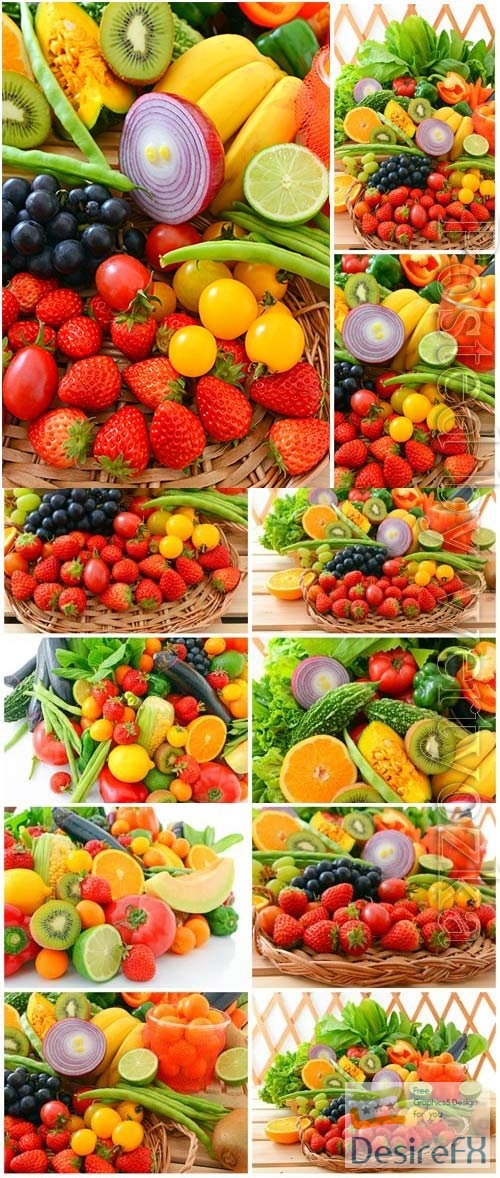 Set of fresh tropical fruits and various berries stock photo