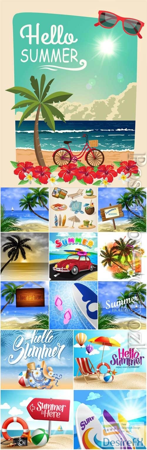 Summer backgrounds, vacations, palms and sea in vector